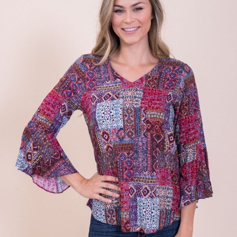 CDW Maroon/Blue Strap Bell Sleeve Peasant …